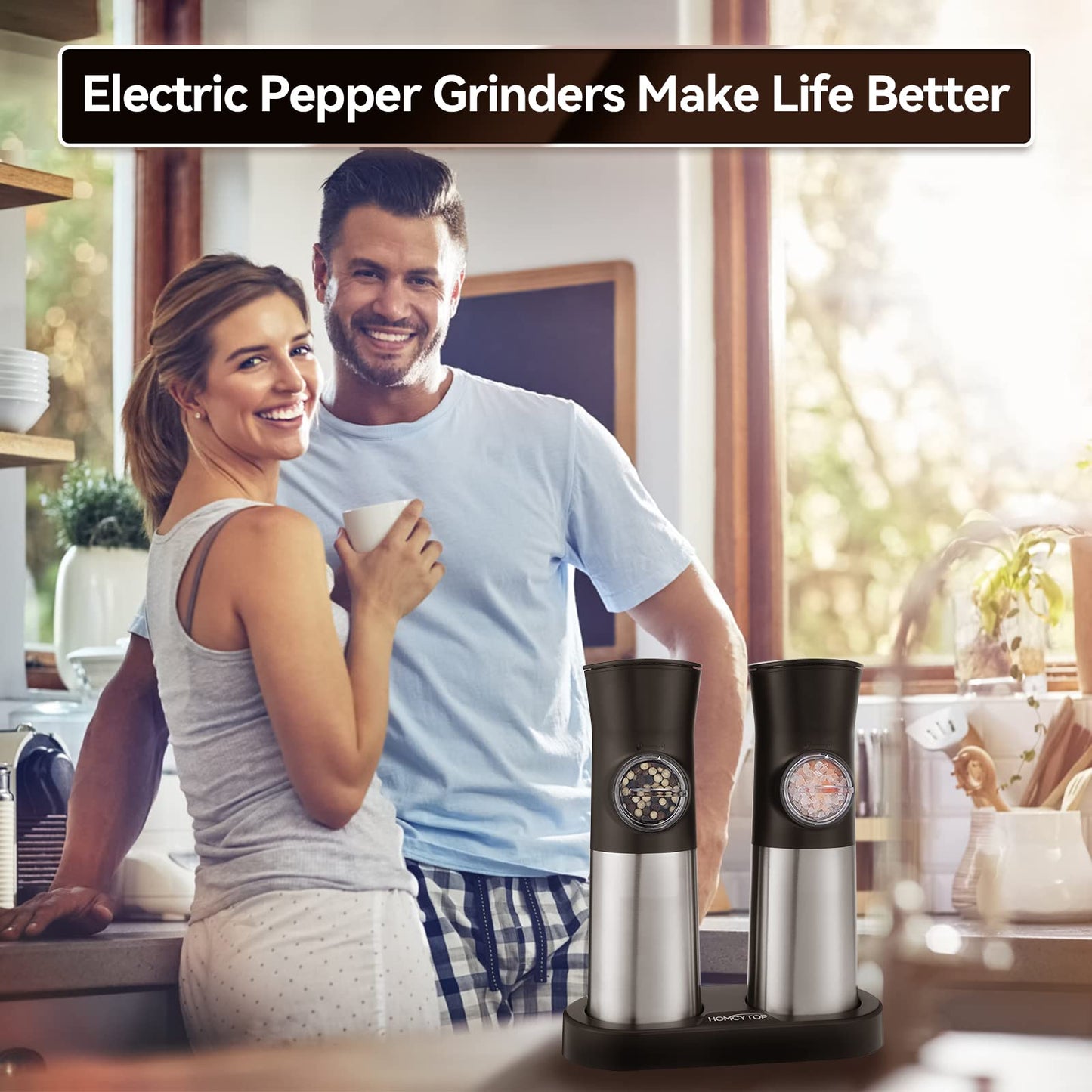 Electric Salt and Pepper Grinder Set, HOMCYTOP Gravity Automatic Salt & Pepper Mill Refillable with Rechargeable Base, USB Cables, 2 Adjustable Coarseness Mills, White LED Light, One Hand Operation
