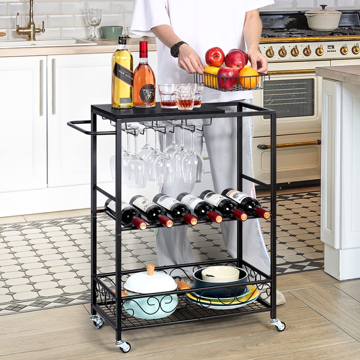 melos Bar Cart, Home Bar Serving Cart, Rolling Wine Cart with 3-Tier Shelf, Beverage Bar Cart with Wine Rack, Bar Cart with Wheels for Kitchen, Black