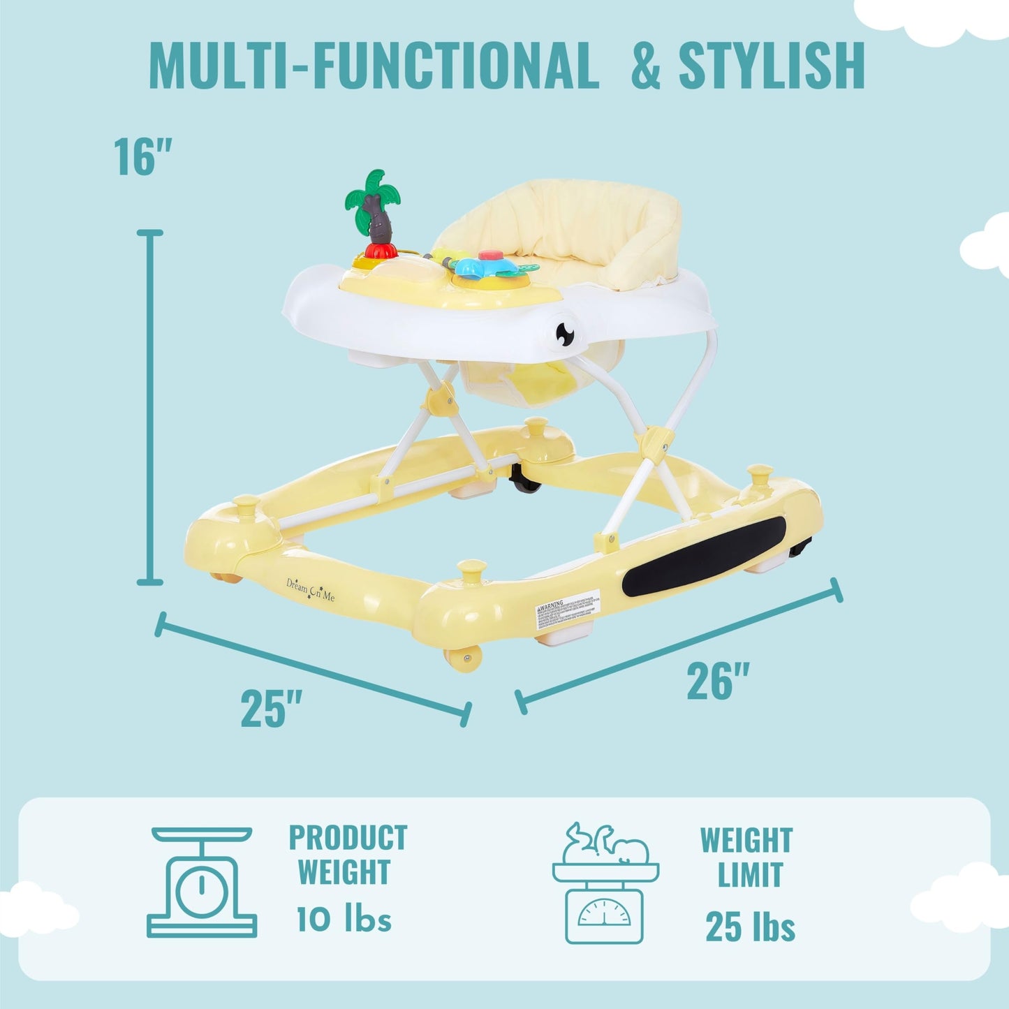 Dream on Me 2-in-1 Aloha Fun Baby Walker in Yellow, Easily Convertible Baby Walker, Adjustable Three Position Height Settings, Easy to Fold and Store