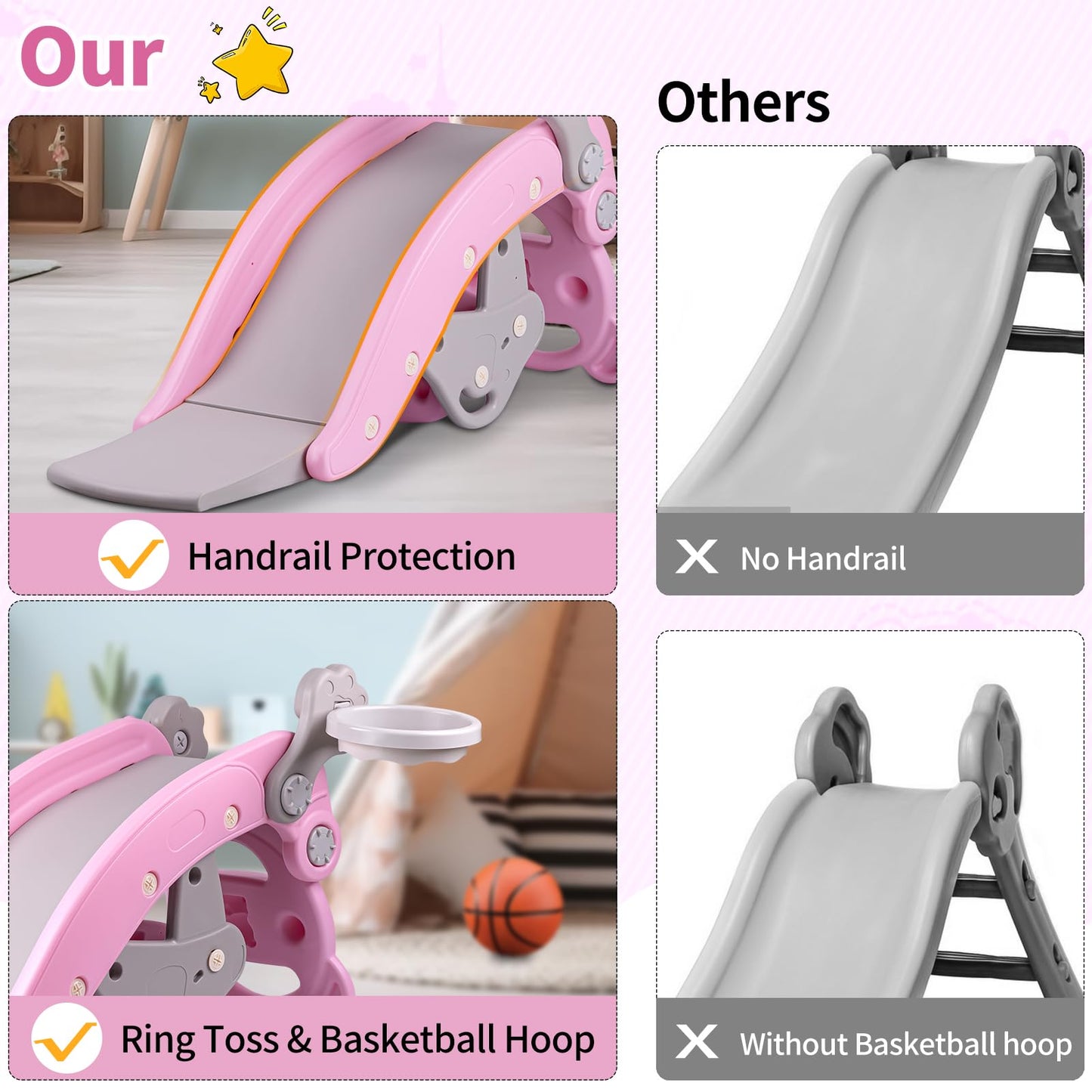 5-and-1 Kids Slide,Indoor Outdoor Playset for Toddlers Age 1-3,Kids Slide Indoor and Outdoor Playground,Toddler Slide with Ball & Hoop(Pink)