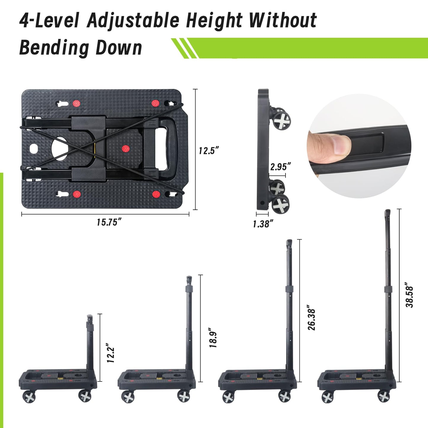 Folding Hand Truck Dolly, Lightweight Dolly Luggage Cart Foldable with 4 Rotate Wheels, Utility Cart with Adjustable Handle,Collapsible Dolly for Moving Travel Shopping Office Airport