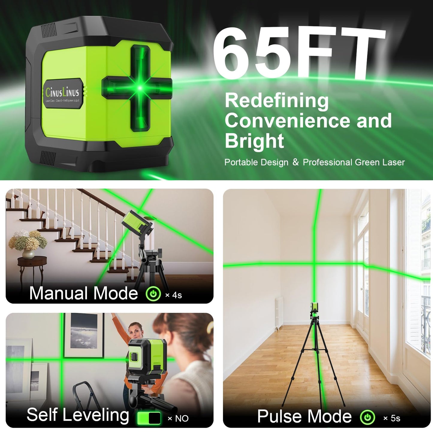 CinusLinus Laser Level with Tripod, CinusLinus 100Ft Laser Level 360° Self Leveling, Green Line leveler Tool for Hanging Pictures, Floor Tile, Home Renovation with Battery, Rotating Stand, 26'' Tripod