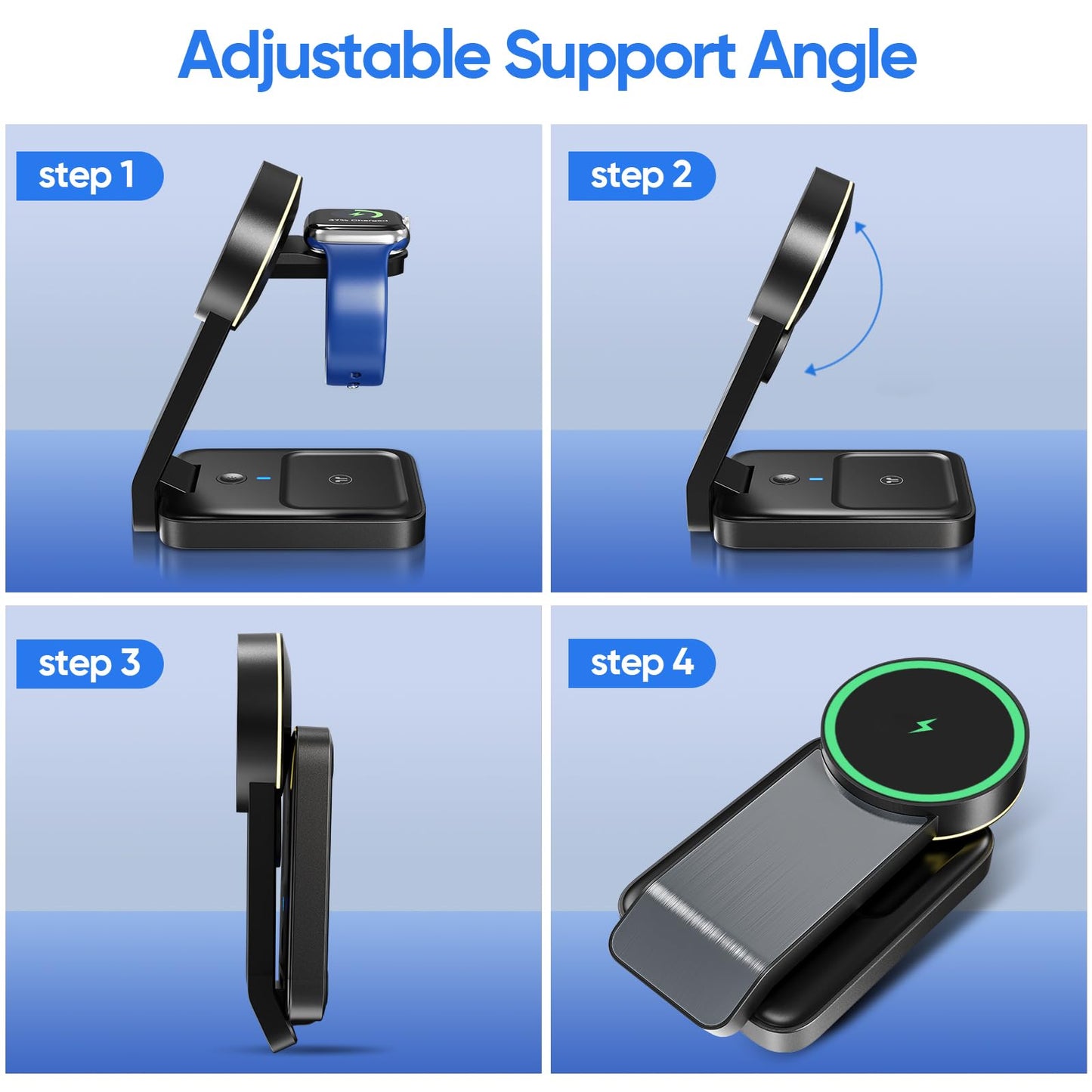 3 in 1 Magnetic Wireless Travel Foldable Charger Stand Dock with Light for Apple Products, Portable Mag-Safe Charging Station, Compatible with iPhone 15/14/13/12 Series,Apple Watch,Airpods