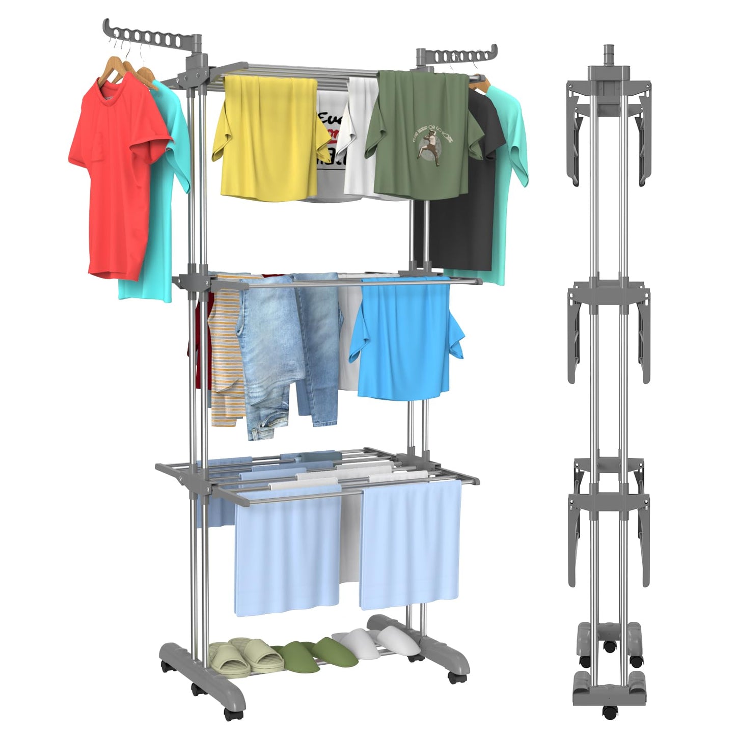 Bigzzia Clothes Drying Rack, 67.7 Inch Laundry Drying Rack with Foldable Base, 4 Tier Stainless Steel Drying Rack Clothing, Movable Laundry Rack for Indoor Outdoor-Grey