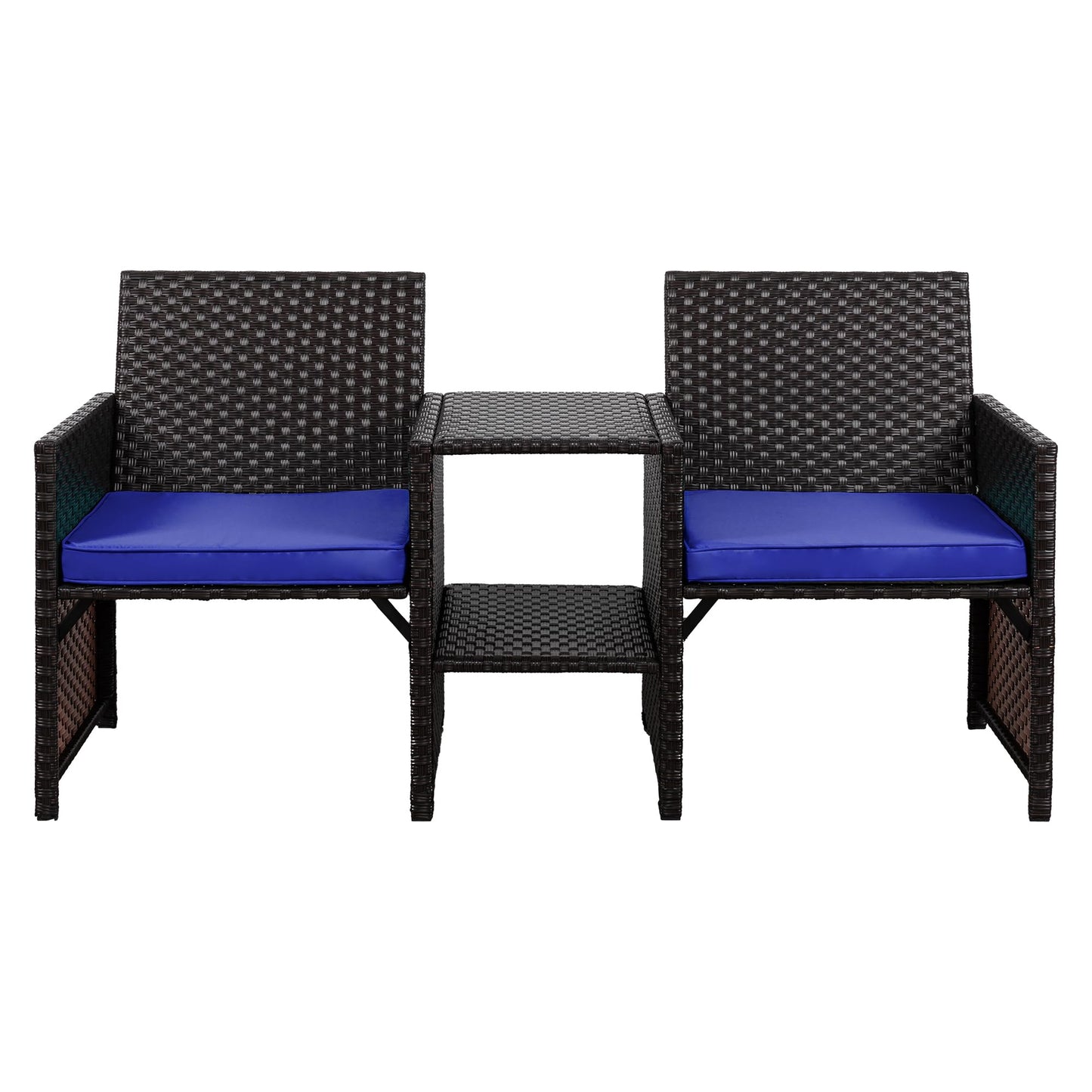 Shintenchi Wicker Patio Conversation Furniture Set with Detachable Chairs & Table and Two Removable Cushions,Rattan Wicker Lover Chair for Patio,Garden, Courtyard and Lawn Backyard (Deep Blue)