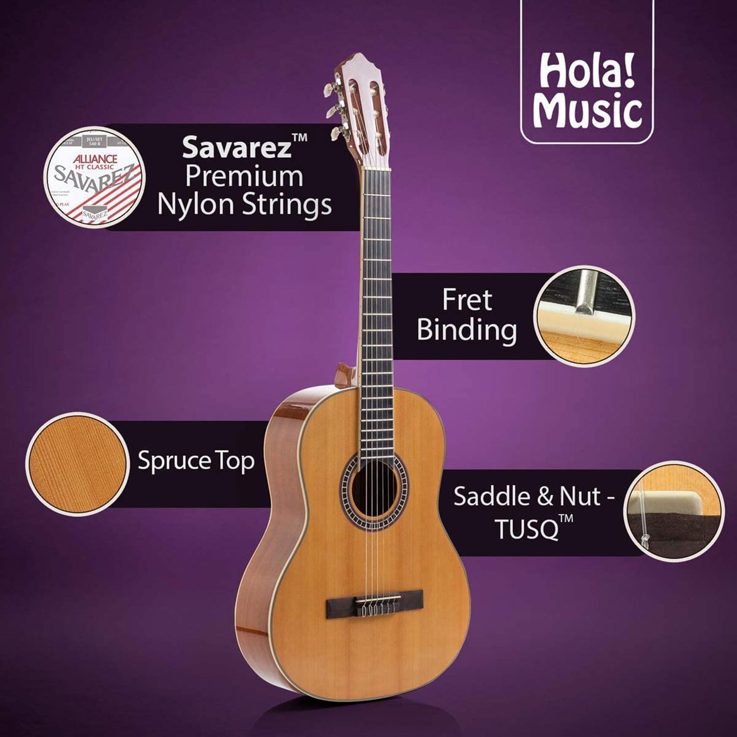 Classical Guitar with Soft Nylon Strings by Hola! Music, Full Size 39 Inch Model HG-39GLS, Natural Gloss Finish - FREE Padded Gig Bag Included