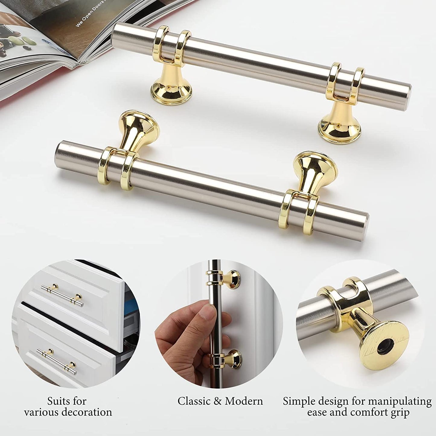 Leulan 10 Pack Kitchen Cabinet Handles Brushed Brass Gold and Nickel Cabinet Handles 3 Inch Hole to Hole Cabinet Pulls Dresser Drawer Pulls Cabinet Hardware