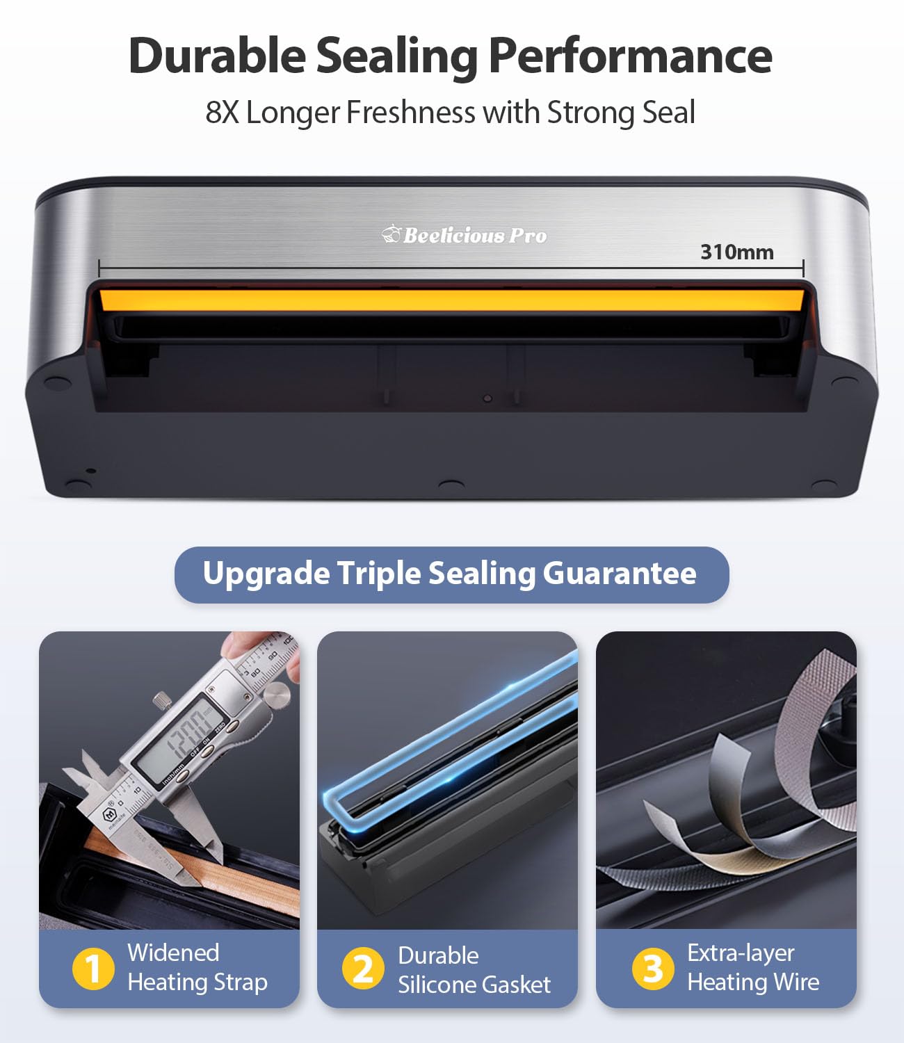 Vacuum Sealer Machine, Beeliciousยฎ 85KPA Fully Automatic 8-IN-1 Food Sealer with Bags Storage, Build-in Cutter, Moist Mode and Air Suction Hose | Digital Countdown | Sous Vide