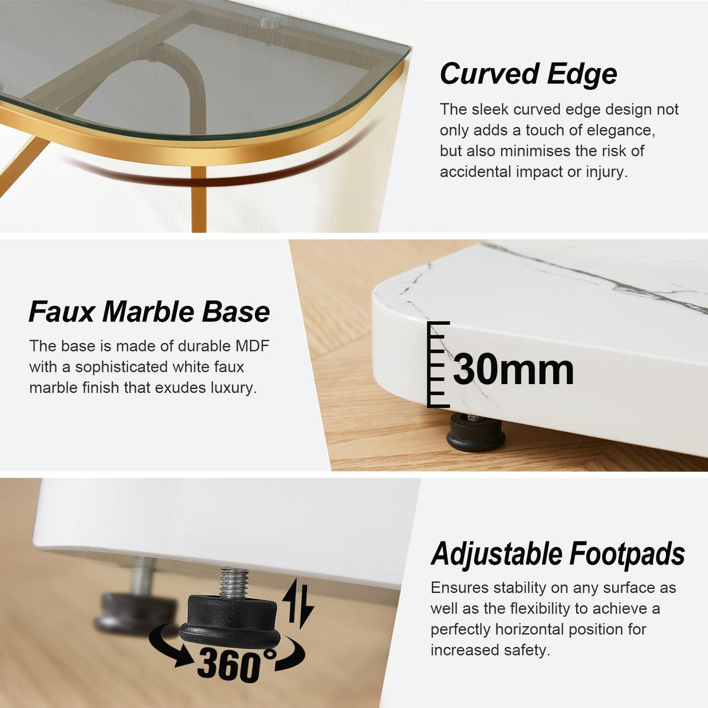 HOMISSUE Console Table, Modern Console Table with Tempered Glass Top and Metal Frame, Glass Entryway Table with Marbled MDF Base, Console Table for Entryway, Hallway, Living Room (Gold&Grey Glass)