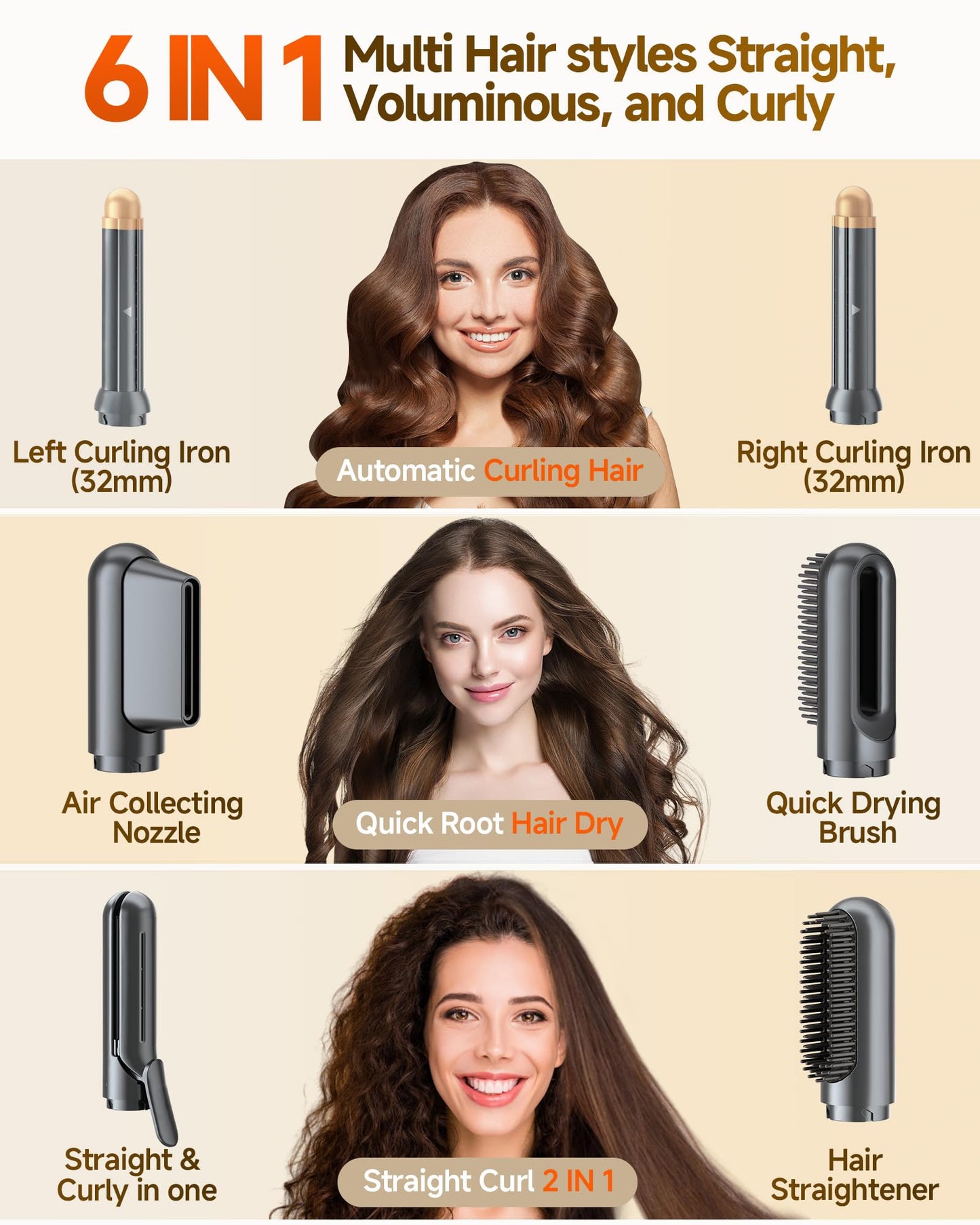 6-in-1 Hair Dryer Brush Styler with Attachments
