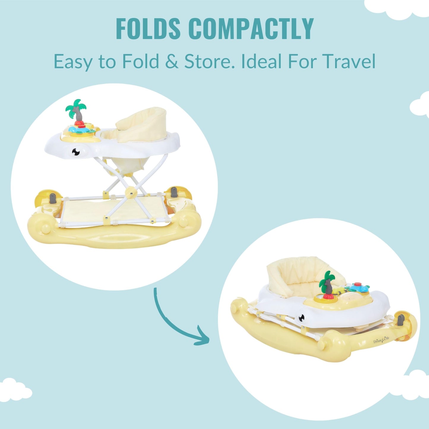 Dream on Me 2-in-1 Aloha Fun Baby Walker in Yellow, Easily Convertible Baby Walker, Adjustable Three Position Height Settings, Easy to Fold and Store