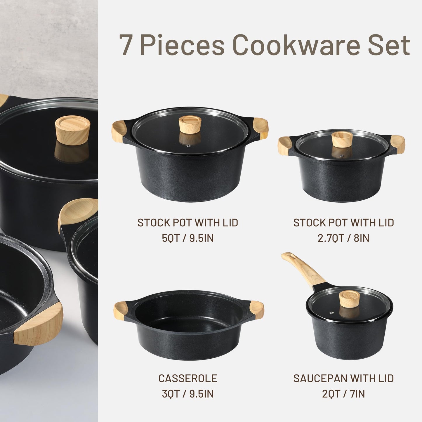 CAROTE 7-Piece Nonstick Cookware Set, Induction Ready
