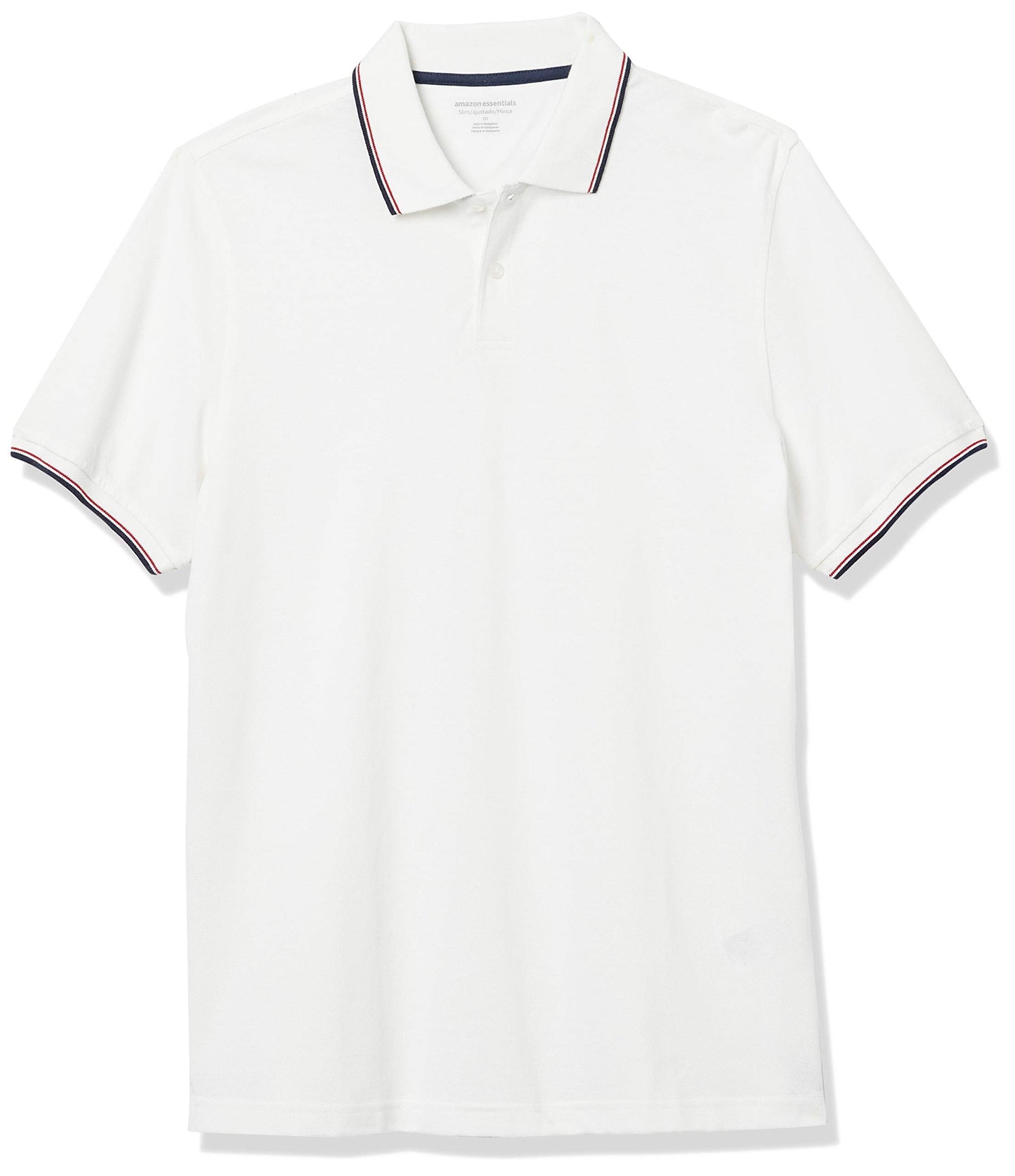 Amazon Essentials Men's Slim-Fit Cotton Pique Polo Shirt, White/Red/Navy, Medium