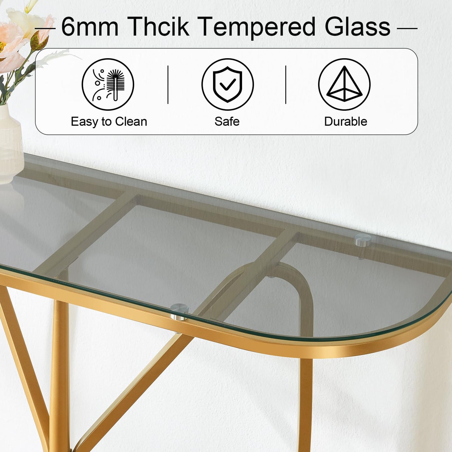 HOMISSUE Console Table, Modern Console Table with Tempered Glass Top and Metal Frame, Glass Entryway Table with Marbled MDF Base, Console Table for Entryway, Hallway, Living Room (Gold&Grey Glass)