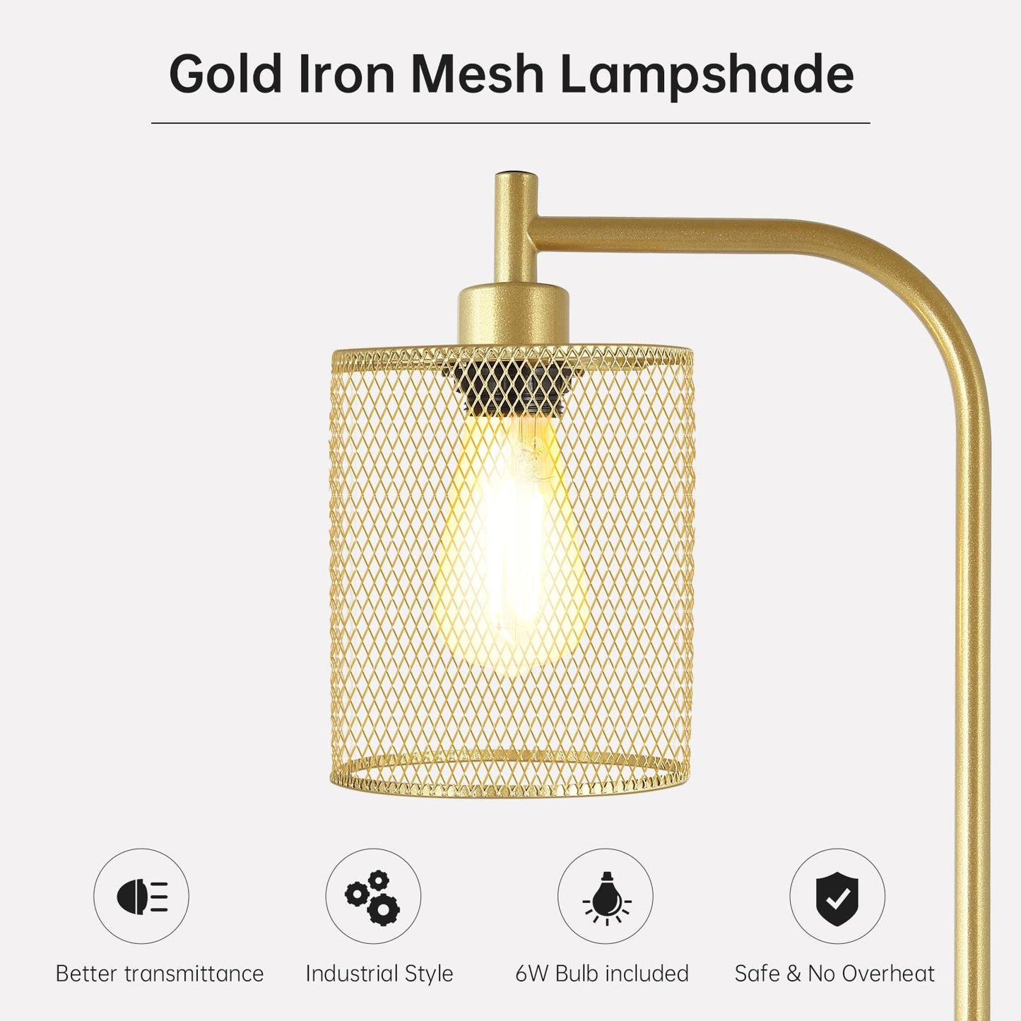 BoostArea Industrial Gold Floor Lamp, 67 Inch LED Standing Lamp with Iron Mesh Lampshade, 6W Brass Stand Up Lamp for Living Room, Bedroom, Office, Den