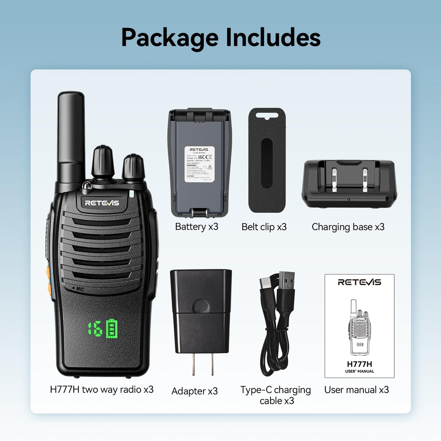 3 Pack Retevis H-777H Rechargeable Walkie Talkies