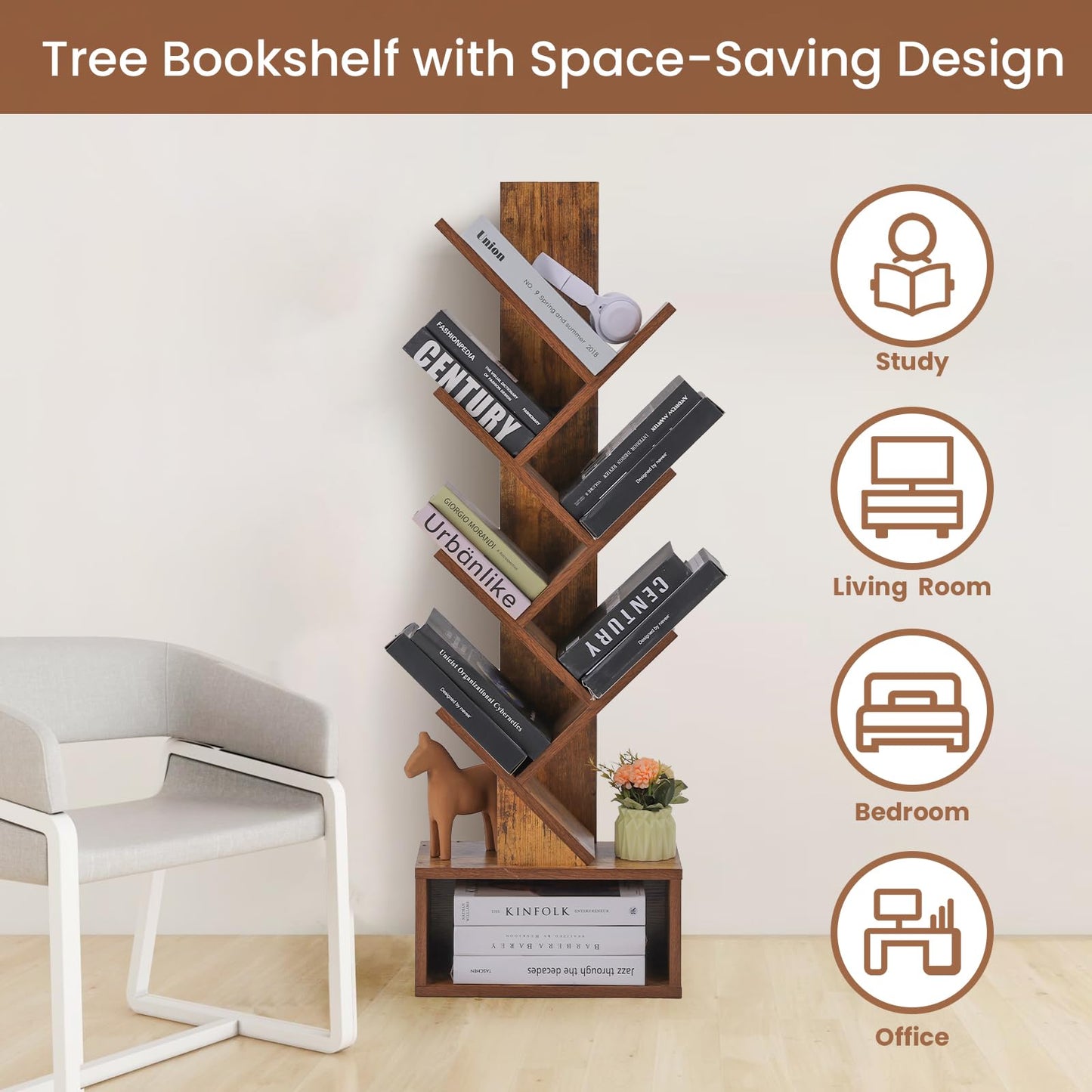 COSYSUPER Tree Bookshelf - 6 Shelf Retro Floor Standing Bookcase, Tall Wood Book Storage Rack for CDs/Movies/Books, Utility Book Organizer Shelves for Bedroom, Living Room, Home Office Rustic Brown