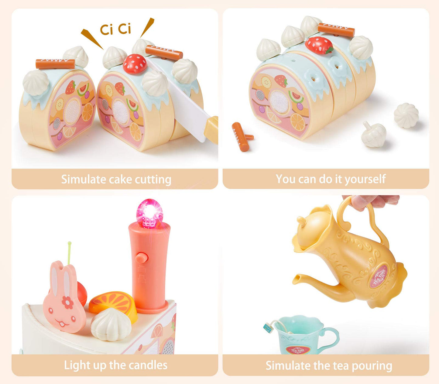 Birthday Cake Toys Set, Geyiie Cake Play Tea Party Dessert Set with Light, 88 PCS Pretend Play Cutting Food with Chocolate,Fruit Decor,Candles and More,Gift Choice for Toddlers Boys Girls