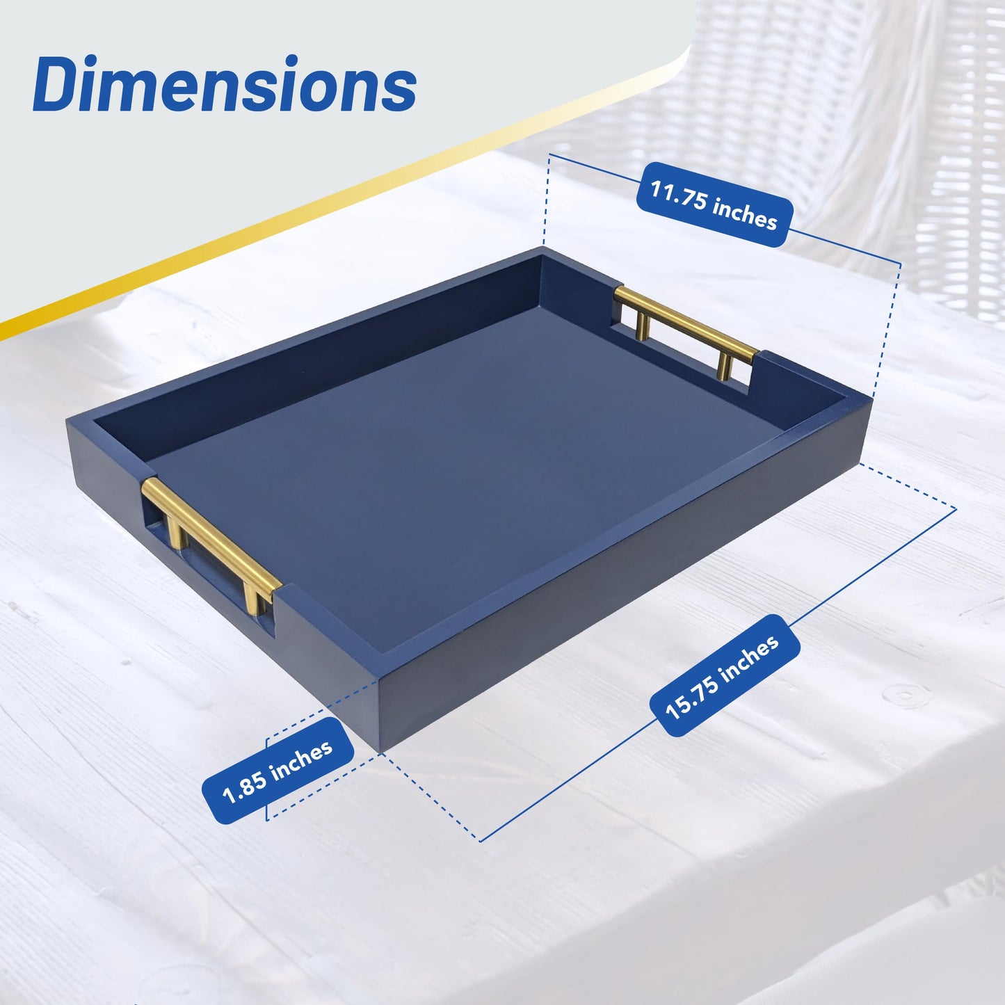 Decorative Rectangle Navy Blue Serving Tray with Handles includes 4 Matching Coasters, Ottoman Tray - Tea and Coffee Table, Modern Wooden Tray for Living Room