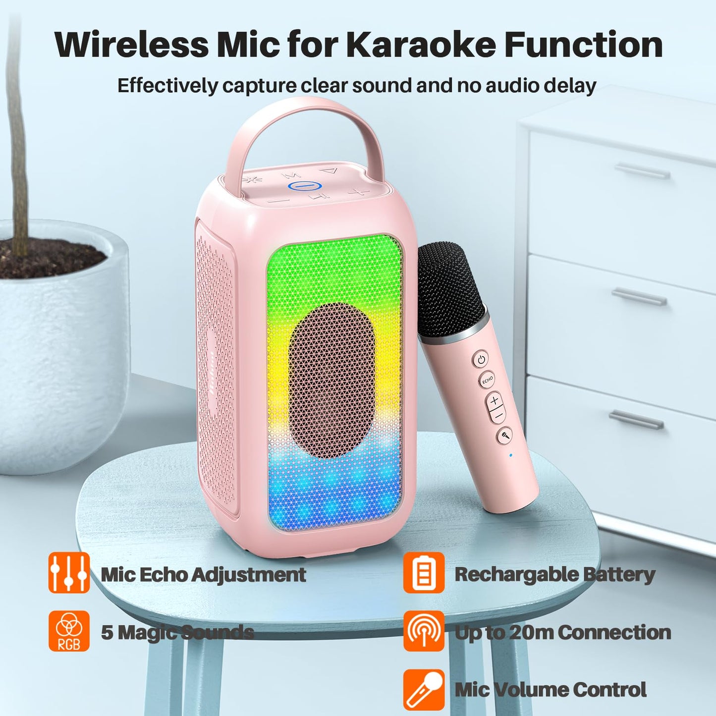 Bobtot Bluetooth Speaker Wireless, 16H Playtime 40W Peak Portable Singing Speakers, Magic Voice, Echo, EQ, Stereo Sound, Deep Bass, RGB, Supports AUX,USB, FM, Pink