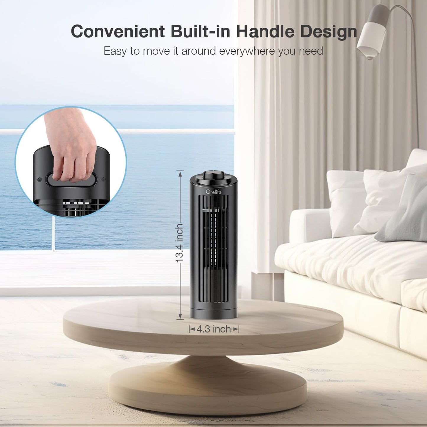 Grelife 13'' Bladeless Tower Fan with Control Panel
