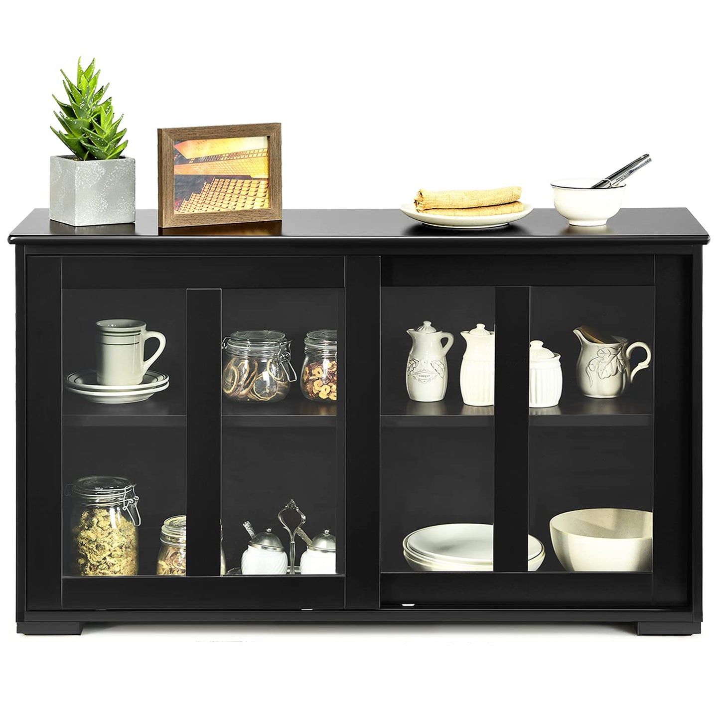 Byroce Sideboard Buffet Cabinet, Stackable Storage Coffee Bar Cabinet with Adjustable Shelf & Glass Sliding Doors, Wood Cupboard Credenza Console Table for Kitchen Dining Living Room (1, Black)