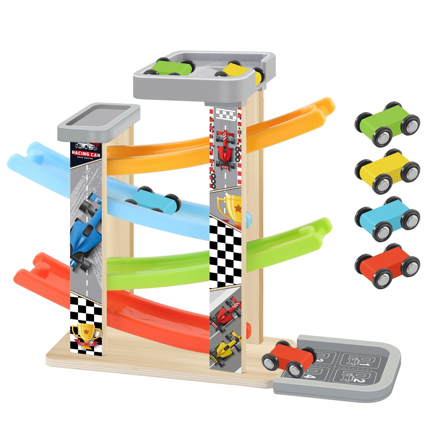 Wooden Race Track Car Ramp Toy Set with Cars