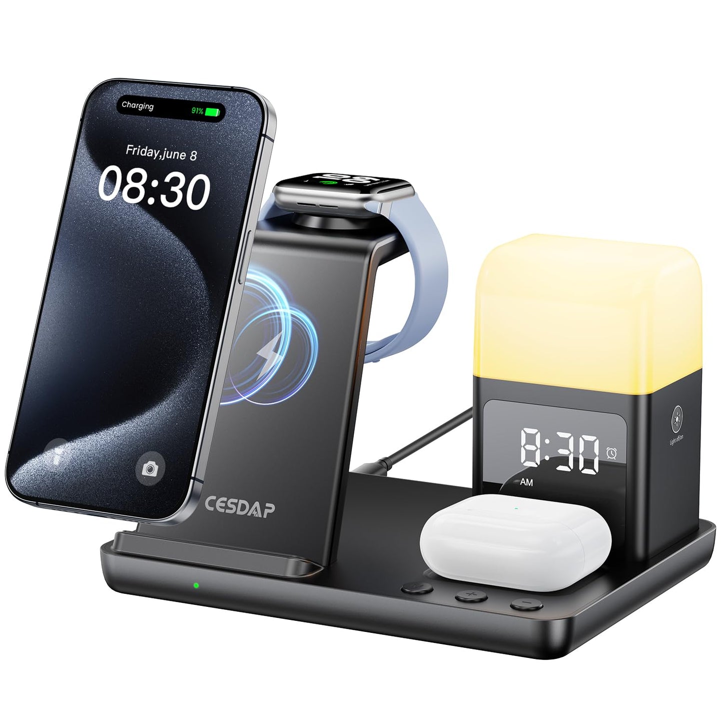 Wireless Charging Station with Alarm Clock & Light