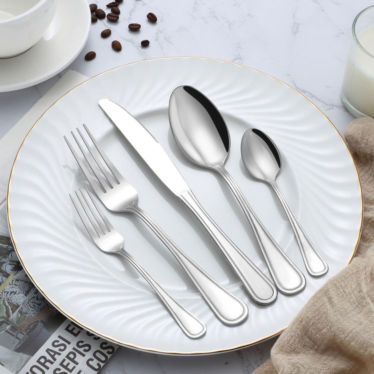 BEWOS 40-Piece Silverware Set, Stainless Steel Silverware Sets for 8, Forks Spoons and Knives Set, Cutlery Set, Mirror Polished Flatware Set, Dishwasher Safe Kitchen Utensils Set for Home, Restaurant