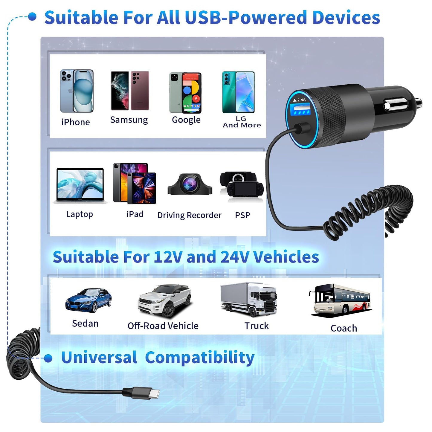 iPhone 16 Fast Car Charger with Coiled Cable