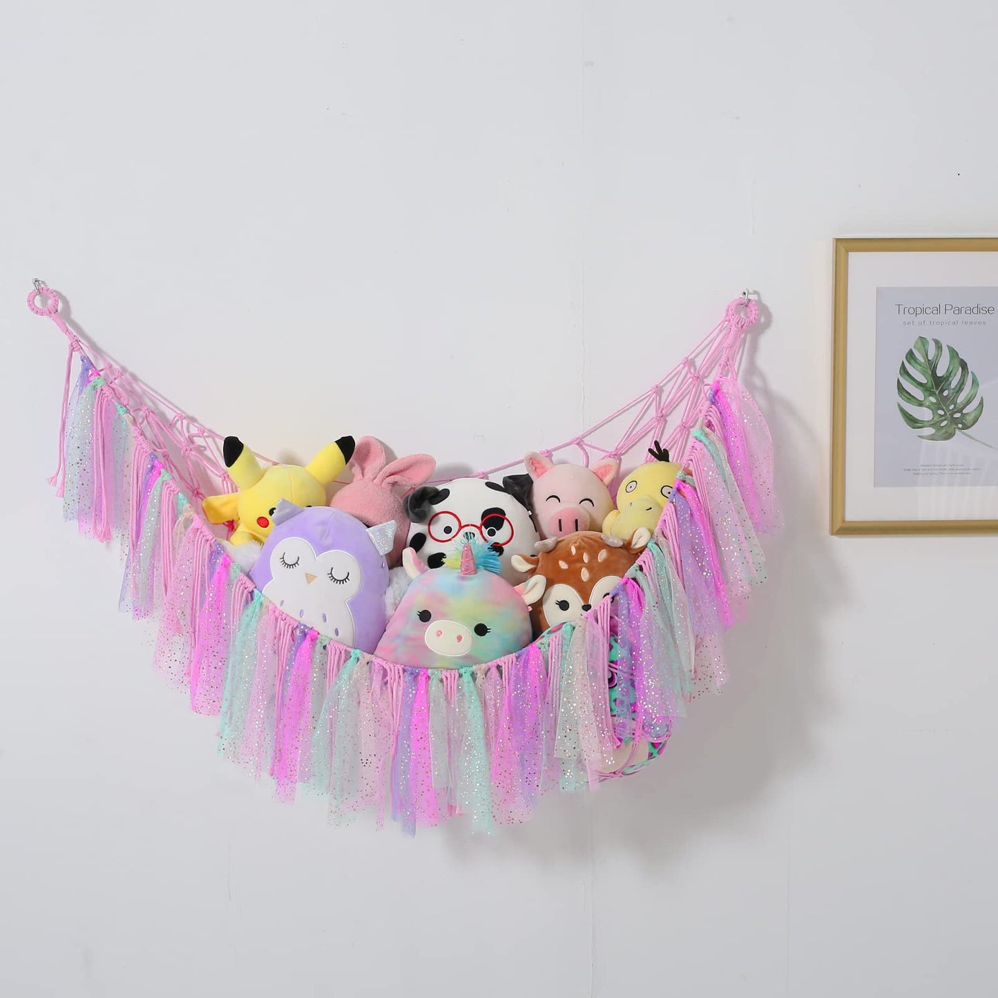 Stuffed Animal Storage Macrame Boho Plush Toy Net Hammock for Stuffed Animals with Light Pet Net for Stuffed Animals Corner Hanging Stuffed Animal Holder Teddy Bear Net for Kids Room