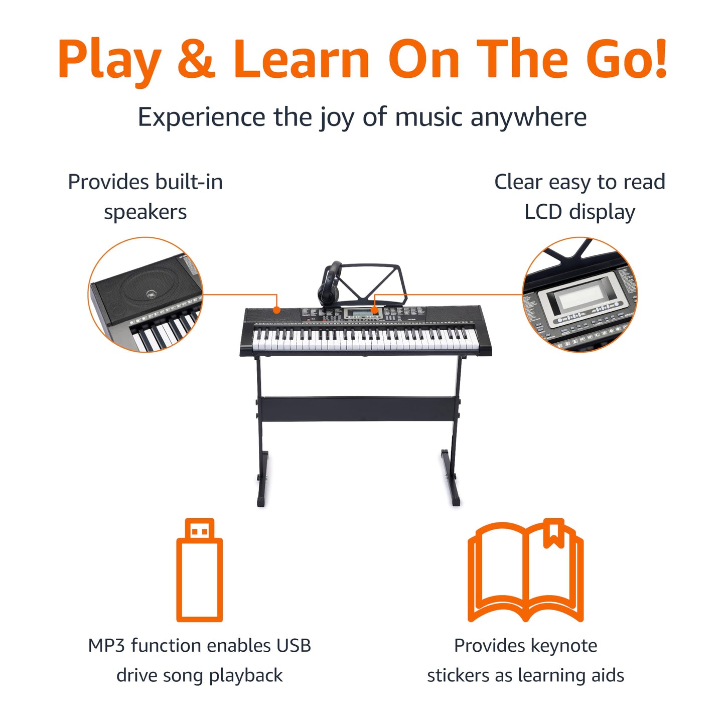 Amazon Basics Portable Digital Piano Keyboard with 61 Keys, Built In Speakers and Songs for Learning, Black