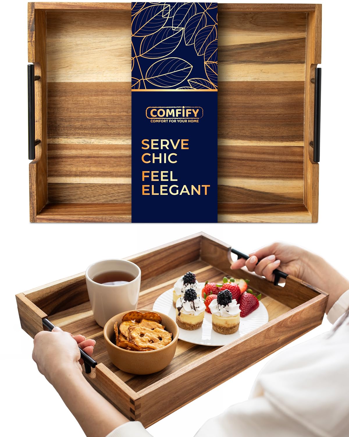 Decorative Acacia Wood Serving Tray with Handles