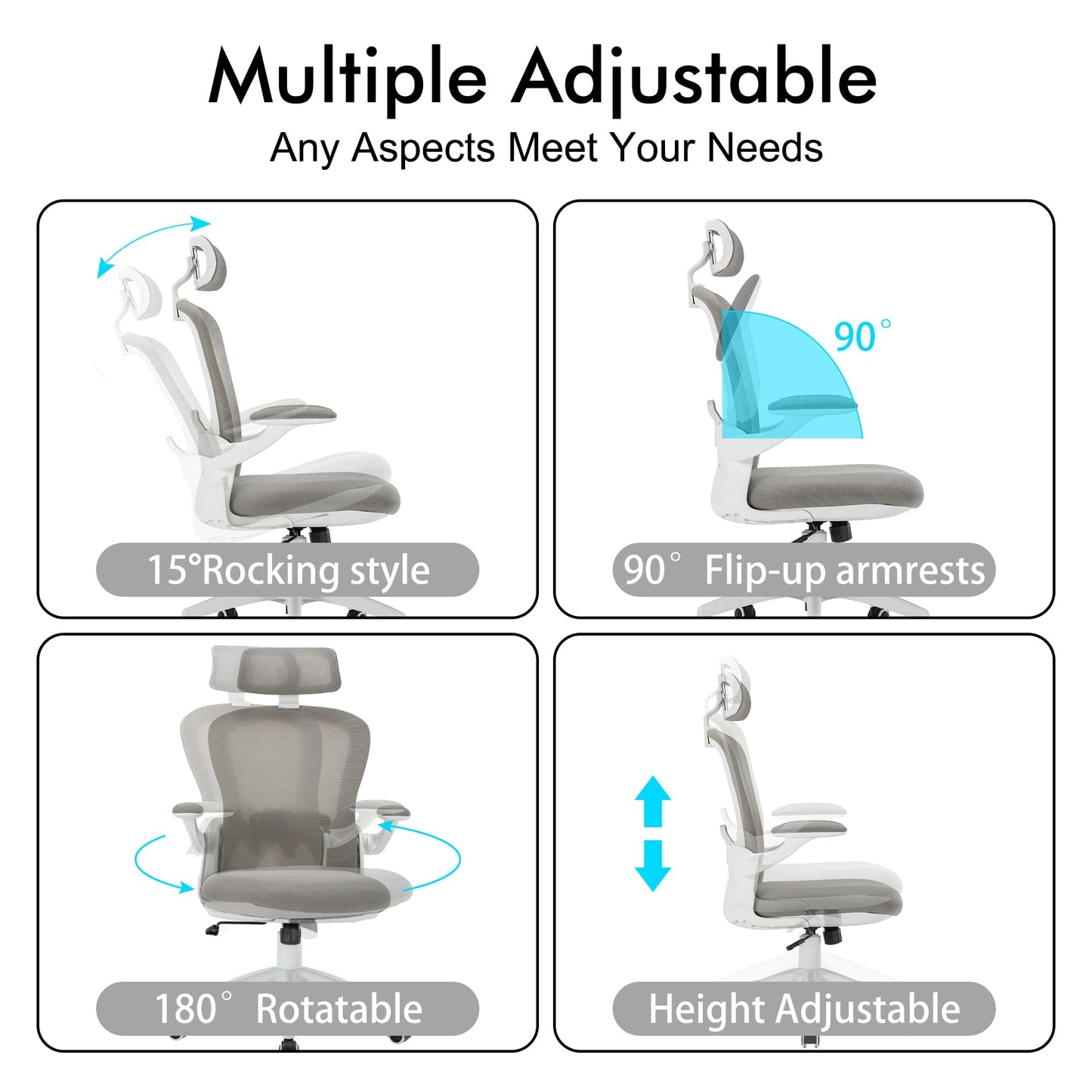 Apusen Ergonomic Office Chairs with Adjustable Lumbar Support,Mesh Desk Chair with Adjustable Arms and Wheels,Computer Desk Chair for Home Office Essentials(Headrests,White)