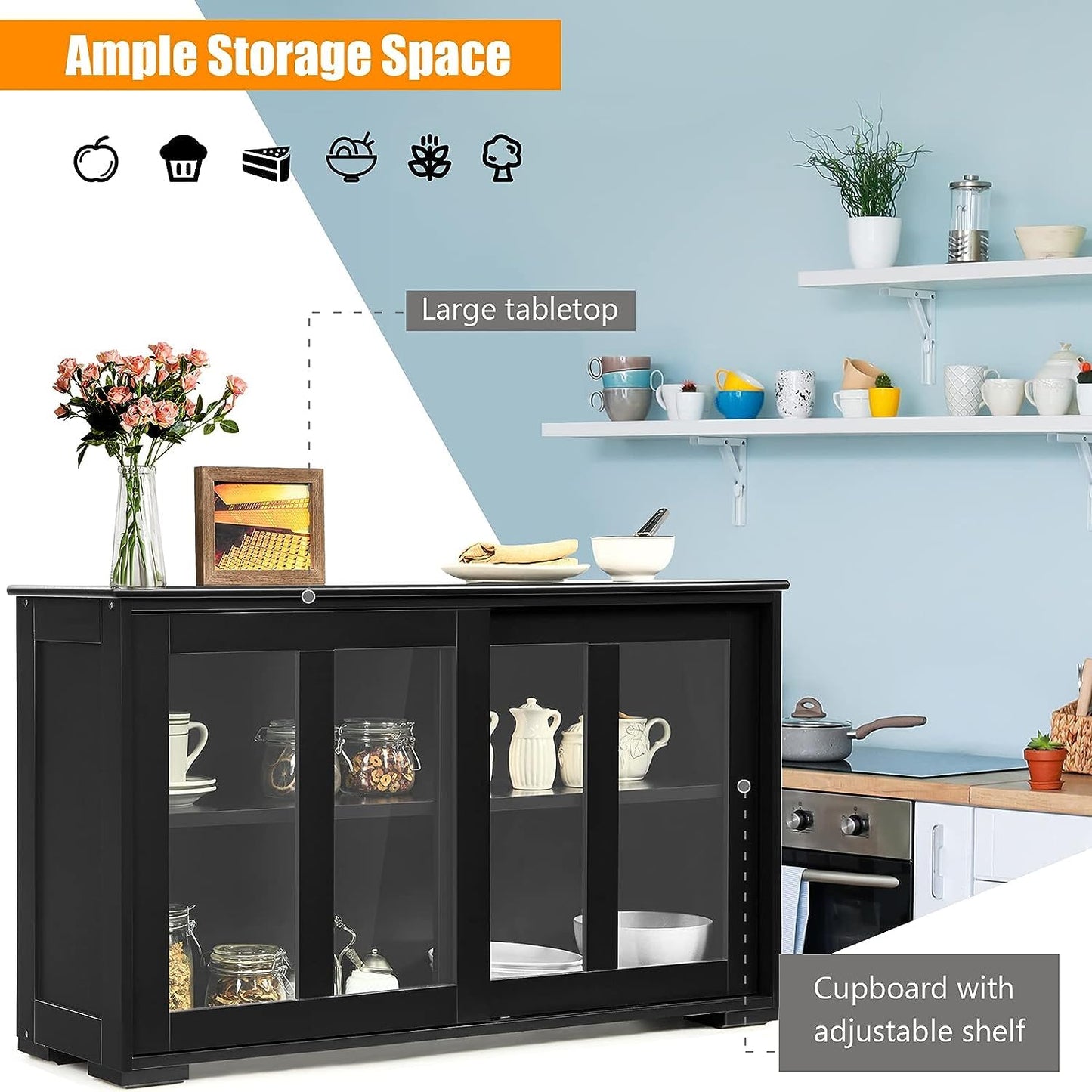 Byroce Sideboard Buffet Cabinet, Stackable Storage Coffee Bar Cabinet with Adjustable Shelf & Glass Sliding Doors, Wood Cupboard Credenza Console Table for Kitchen Dining Living Room (1, Black)