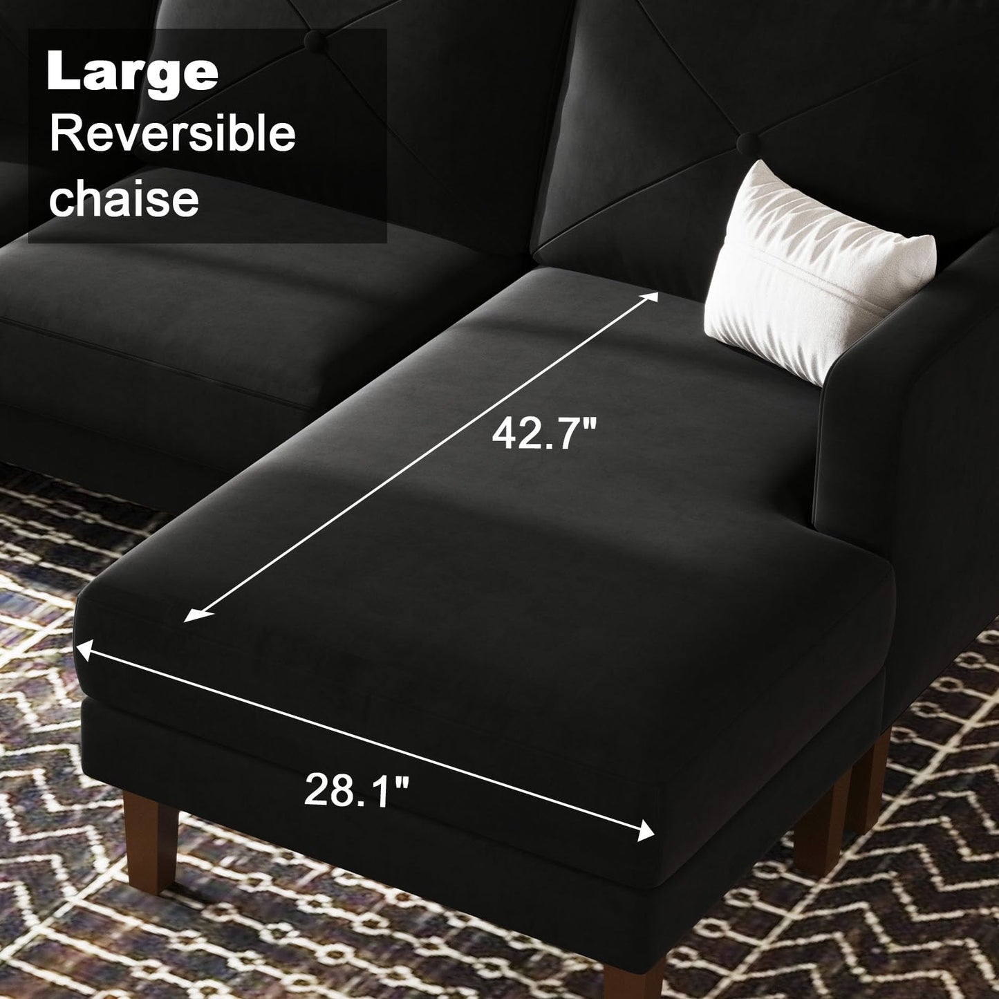 Belffin Velvet Convertible Sectional Sofa with Chaise Small L Shaped Couch with Reversible Chaise 3-Seater Sofa Sectional Set for Small Space Black