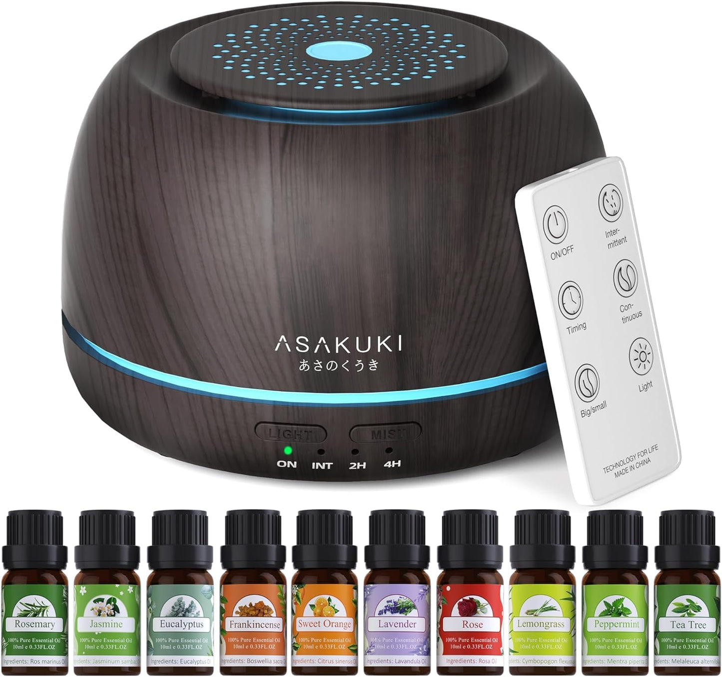 ASAKUKI Essential Oil Diffusers with 10Pcs*10ml Pure Essential Oil Gift Set, 5 in 1 Ultrasonic 300ML Aromatherapy Fragrant Oil Humidifier Vaporizer with Remote Control, Timer and Auto-Off-Black