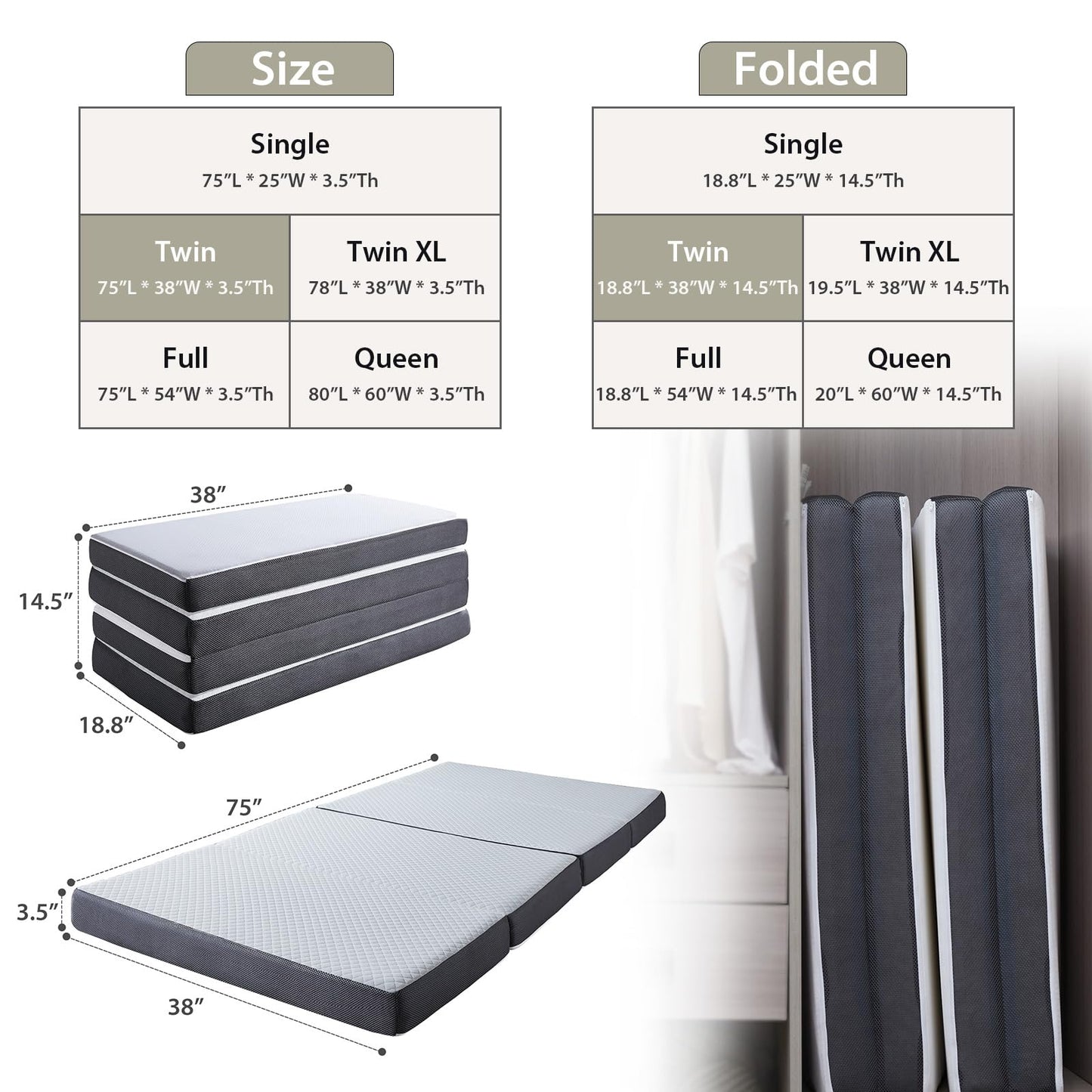 HUEIFY Twin Memory Foam Quad Folding Mattress