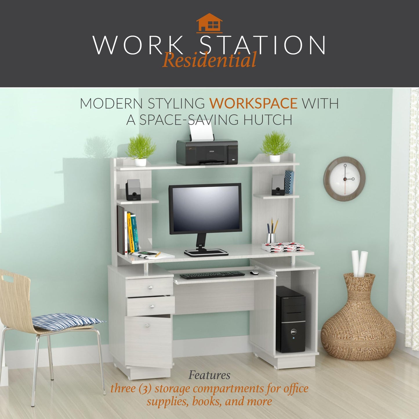 Washed Oak Work Center with Hutch and Keyboard Tray