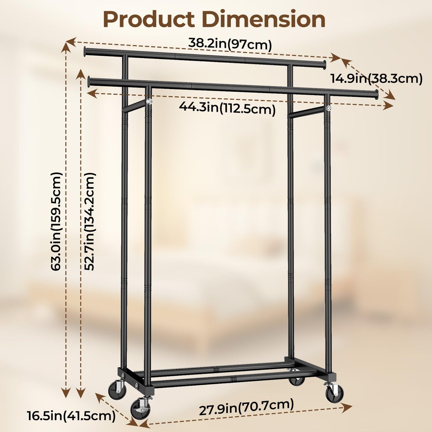 Double Rod Rolling Clothes Rack for Garments