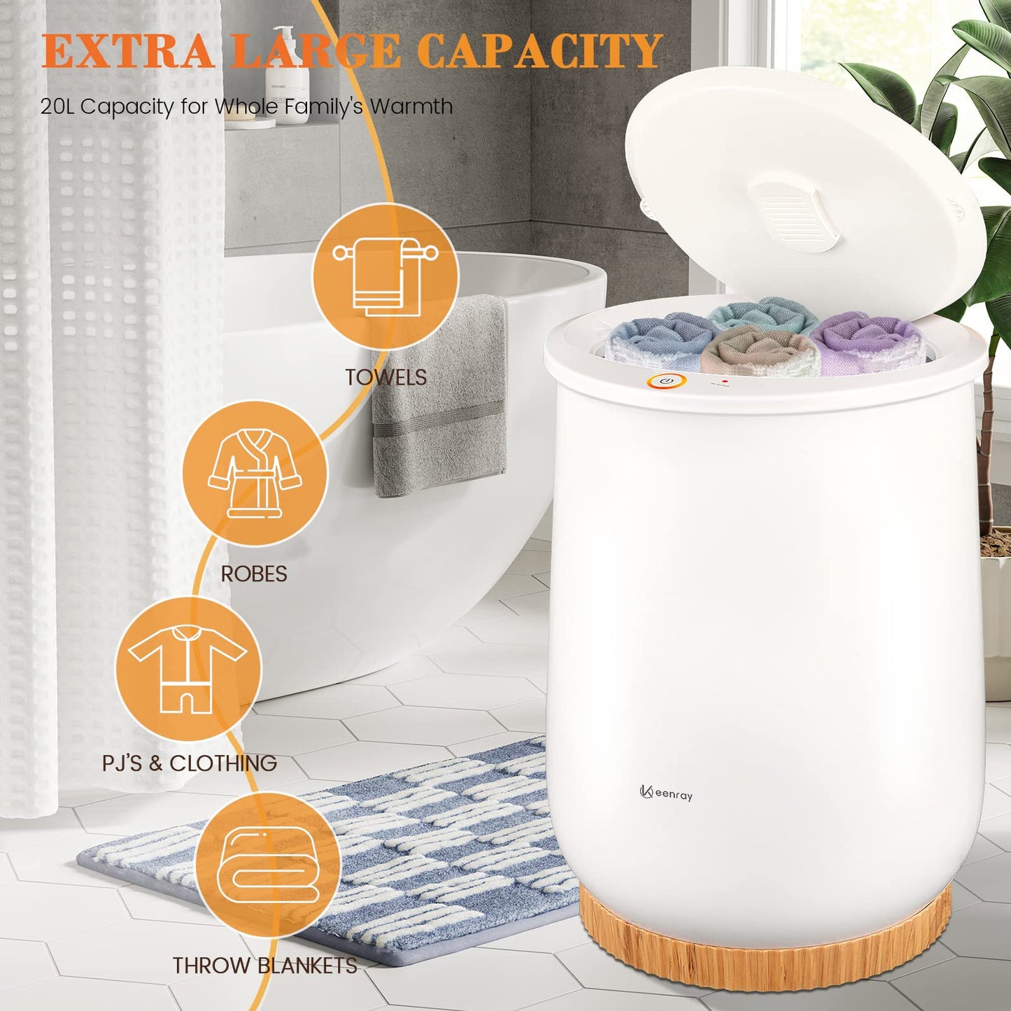 Keenray Bucket Style Towel Warmers, Luxury Bucket Towel Warmer, Large Towel Warmer for Bathroom, Auto Shut Off, Fits Up to Two 40"X70" Oversized Towels, Bathrobes, Blankets, PJ's and More, White, CL1