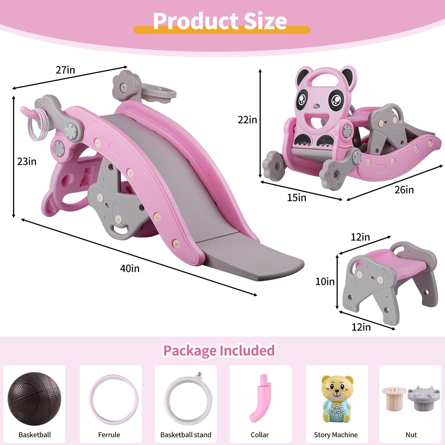 5-and-1 Kids Slide,Indoor Outdoor Playset for Toddlers Age 1-3,Kids Slide Indoor and Outdoor Playground,Toddler Slide with Ball & Hoop(Pink)