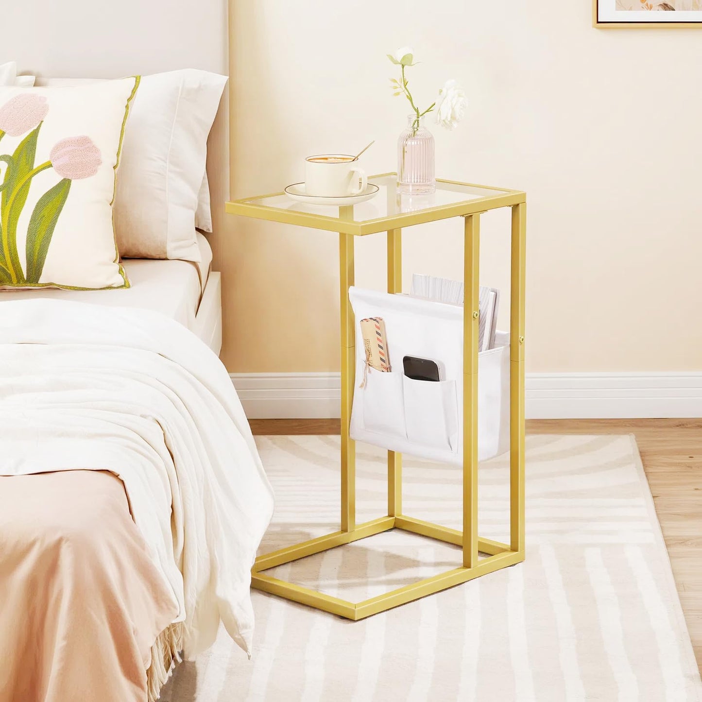 HOOBRO C Shaped Glass End Table Set of 2