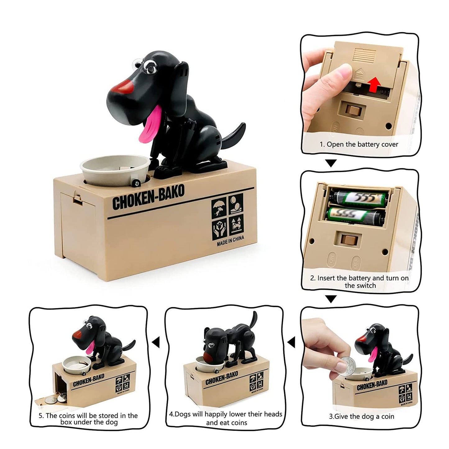 Puppy Piggy Bank, My Dog Piggy Bank, Cute Robotic Coin Munching Toy Money Box, Saving Money Coin Bank Gift (Black)
