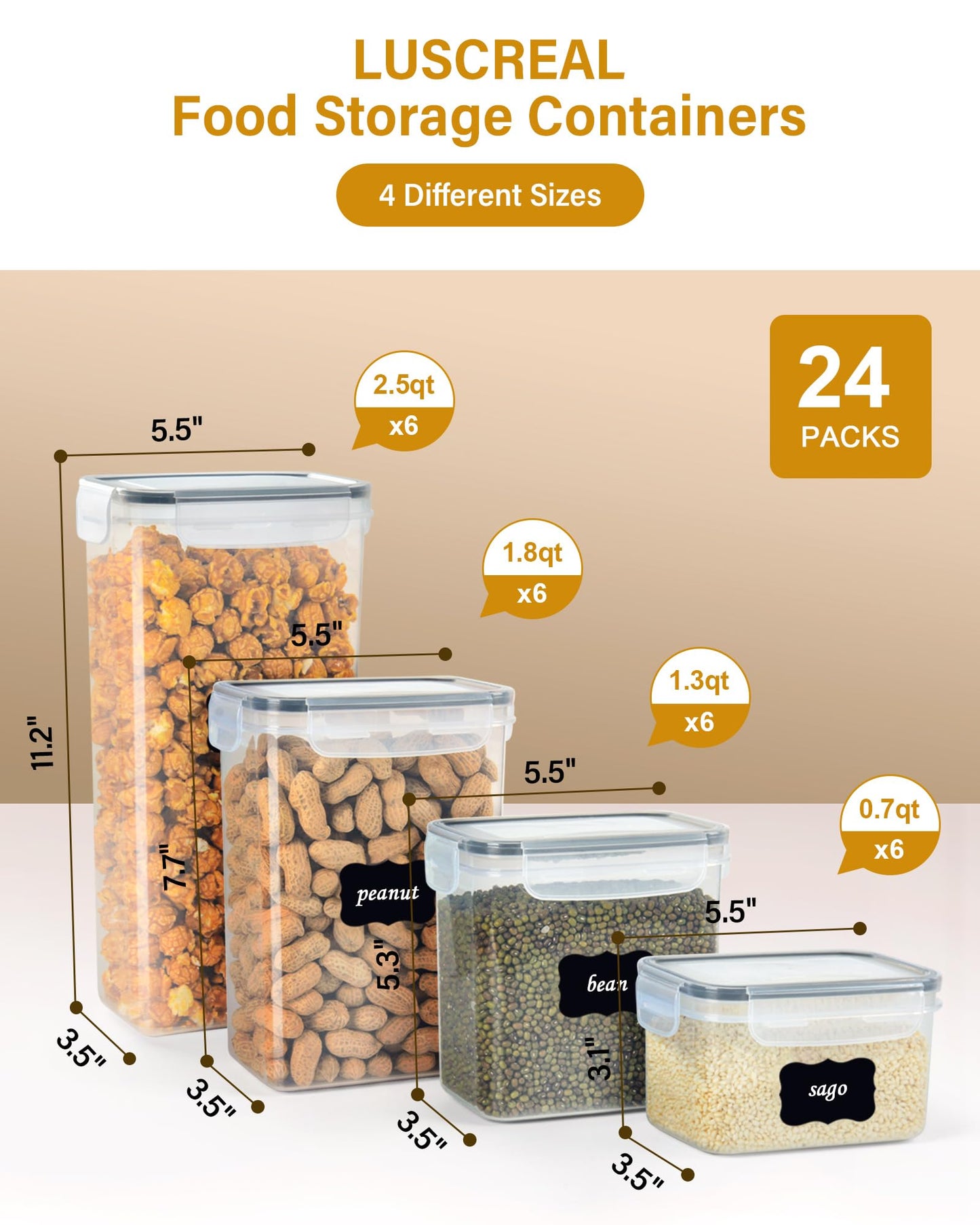 Airtight Spice Jars with Label, 24 pcs Plastic Storage Containers with Lids Kitchen Canisters, Plastic Kitchen Organizers and Storage for Dry Food, Flour and Sugar,Include 30 Labels and 5 Spoons