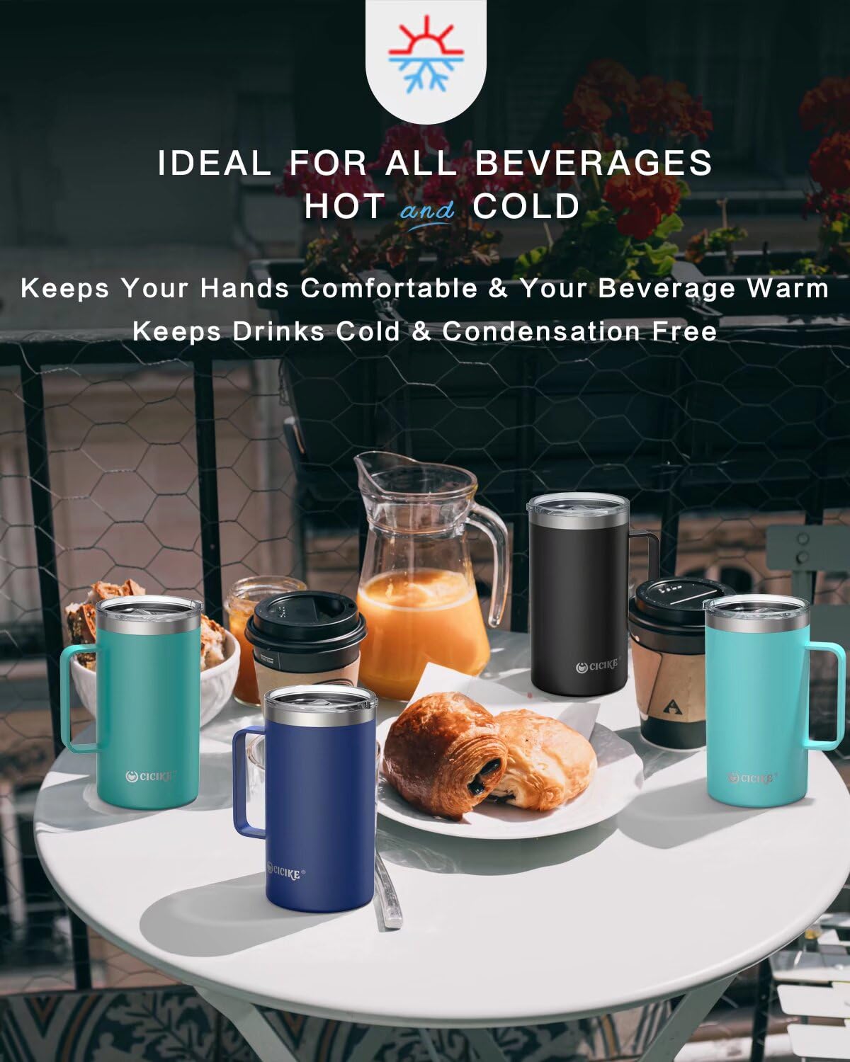 cicike 24oz. Travel Mug with Handle and Lid, Insulated Coffee Mug, Stainless Steel Coffee Mug, Camping Gift for Men and Women, Keep Cold for 9 Hours and Hot for 3