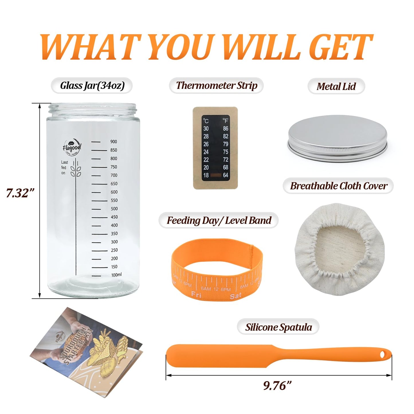 Sourdough Starter Jar-34oz/1000ml, Sourdough Starter Kit With Glass Jar,Thermometer Strips,Date Marked Feeding Band,Silicone Scraper,Cloth Cover & Lid,Sourdough Bread Baking Supplies for Beginners