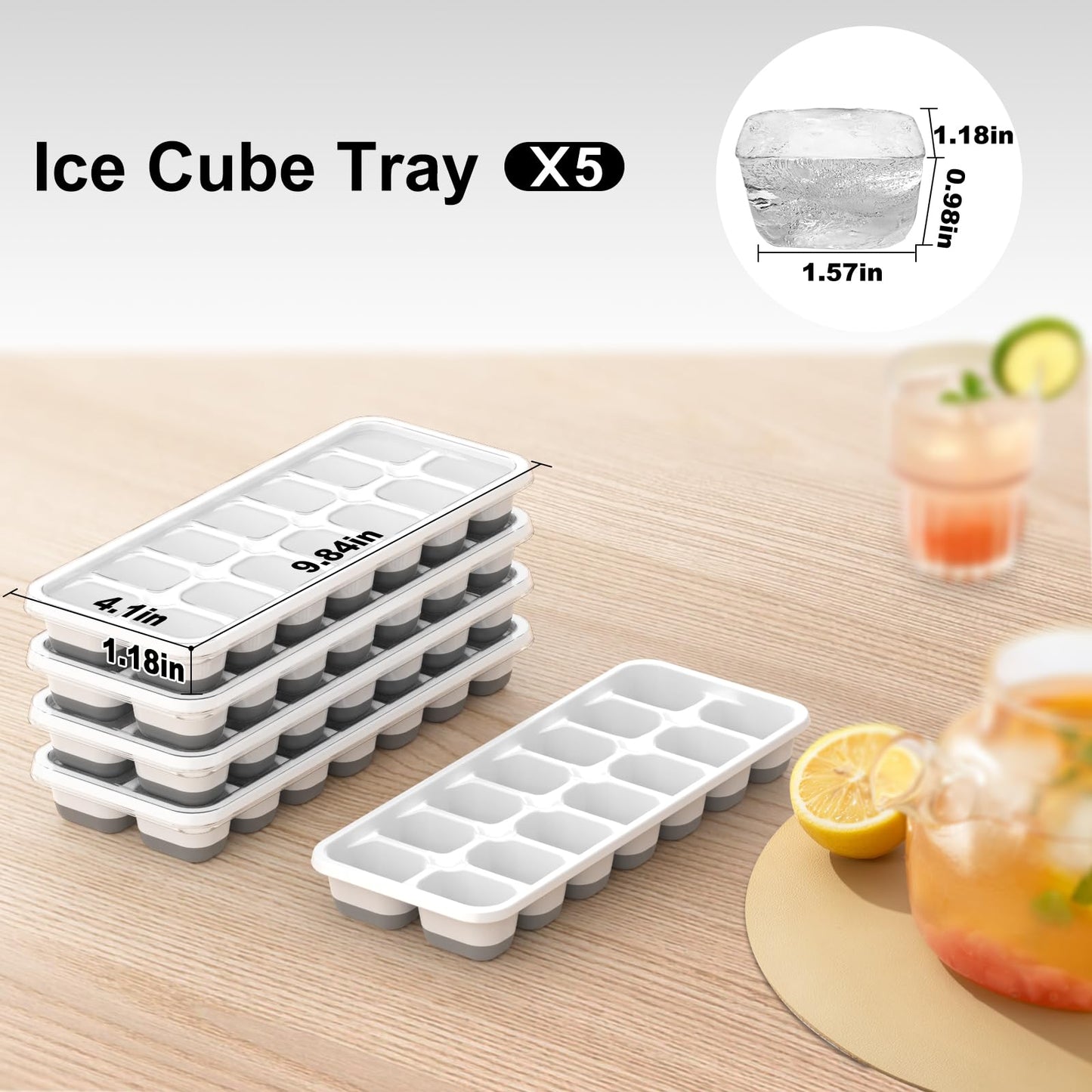 Ice Cube Tray, 5 Pack Stackable Silicone Rectangular 14-Ice Cube Tray Set with Lid, BPA-Free Sturdy Reusable Freezer Ice Trays for Drinks, Cocktails & Coffee - Easy Release(Black)