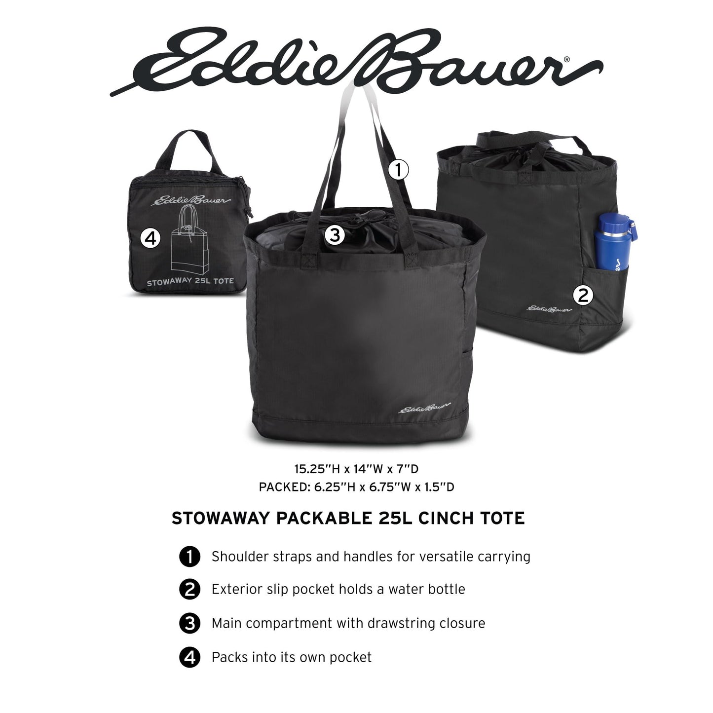 Eddie Bauer 25L Packable Cinch Tote - Onyx