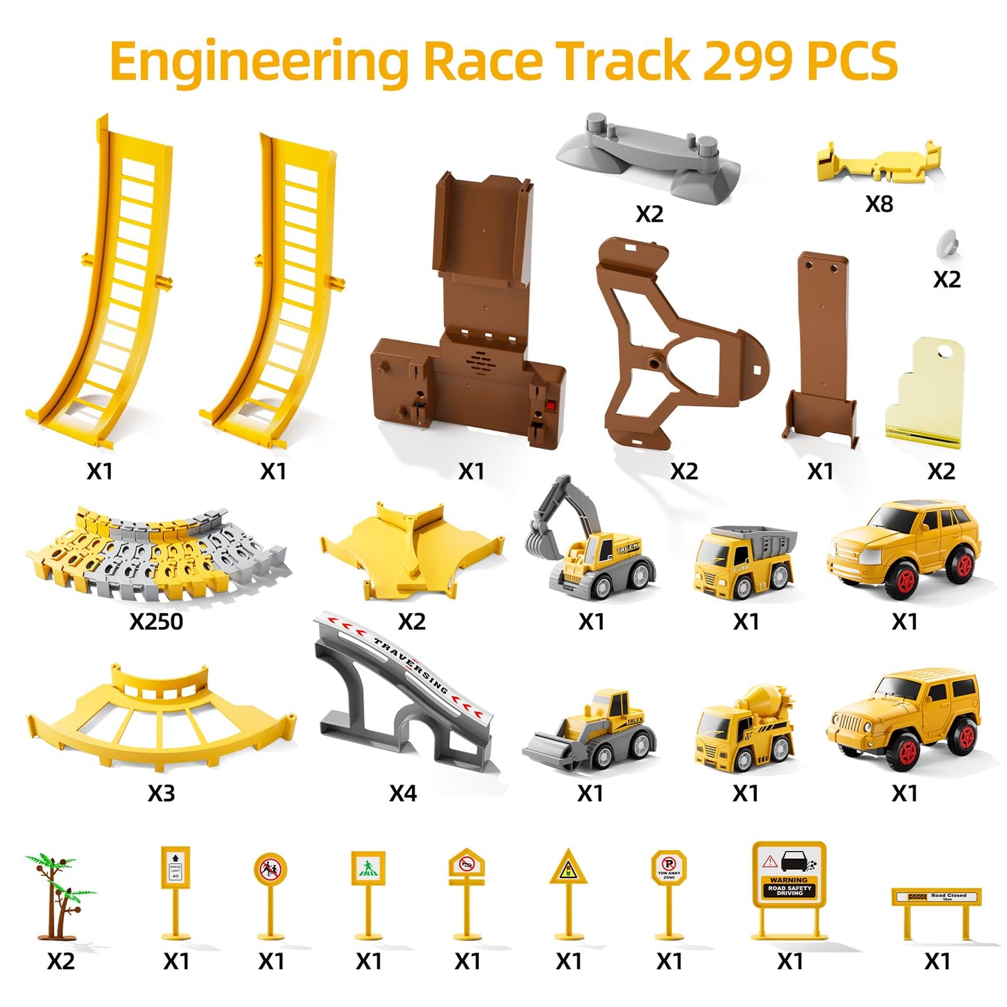 iHaHa 299 PCS Construction Race Tracks Boys Toys, 6 PCS Engineering Cars and Flexible Race Track Playset Create A Engineering Road Gifts Toys for 3 4 5 6 Year Old Boys Kids